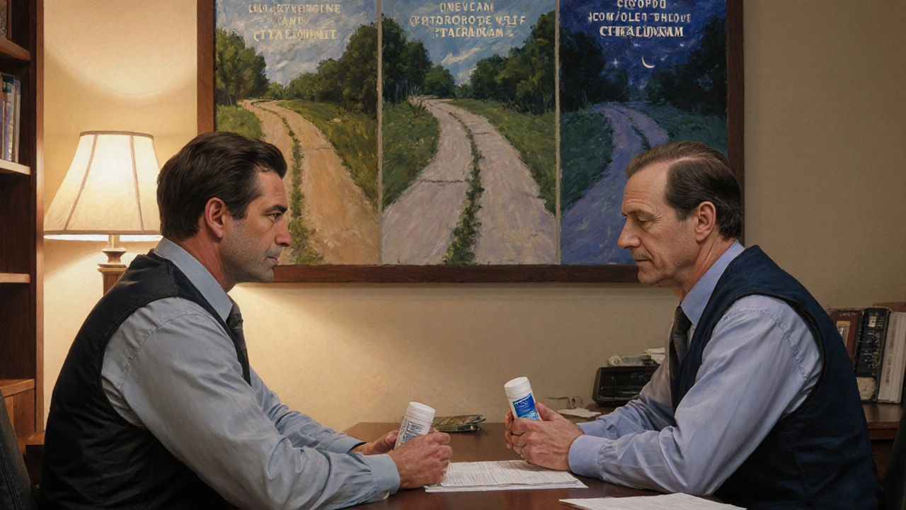 A patient and doctor discussing treatment options, with a mural showing three paths of medication outcomes.
