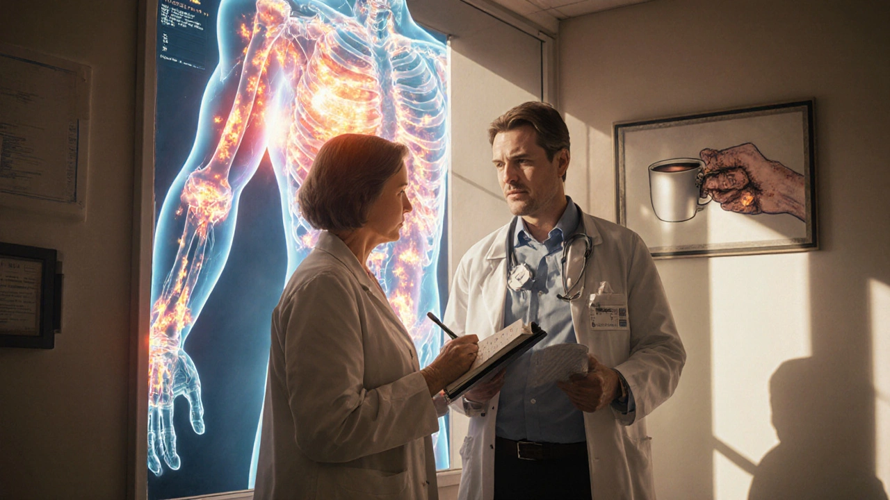 A patient and doctor in a clinic, with a transparent map showing body-wide inflammation and two contrasting hand outcomes.