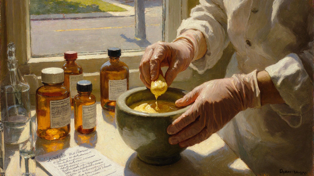 A pharmacist blends a topical cream in a sunlit compounding lab, surrounded by glass jars and precise tools.