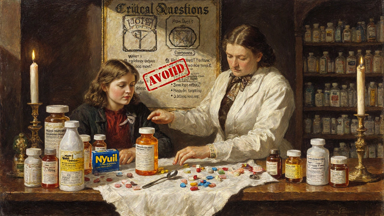 A pharmacist guides a mother as she spreads out pills and supplements on a table, with a warning chart behind them.