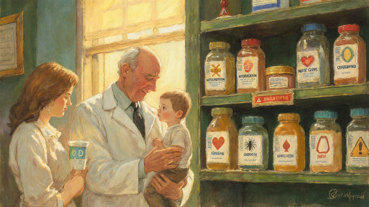 A pharmacist guides a mother through antibiotic choices in a warm, sunlit pharmacy scene.