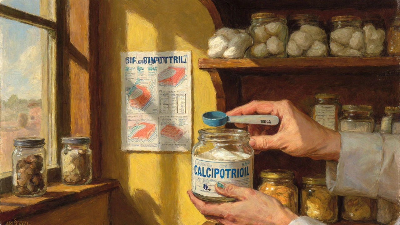A pharmacist measures calcipotriol ointment with a chart showing skin and calcium data in the background.