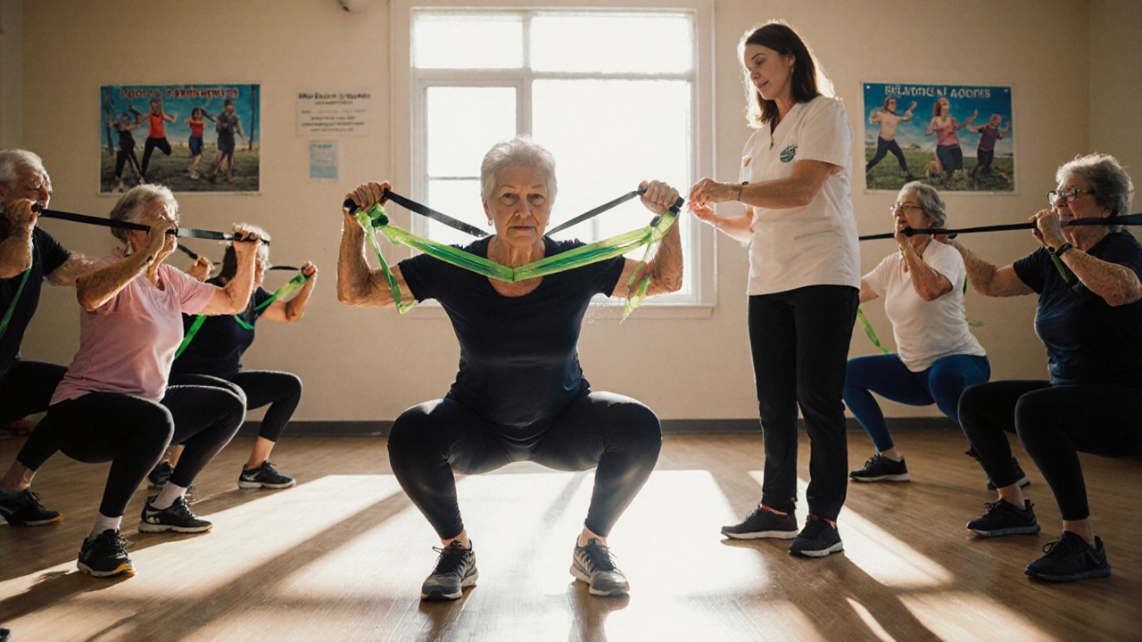 A physiotherapist leading women in resistance band squats in a sunlit community room.