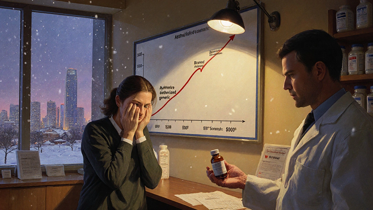 A relieved patient receives an authorized generic prescription at a pharmacy, with a pricing chart visible in the background.