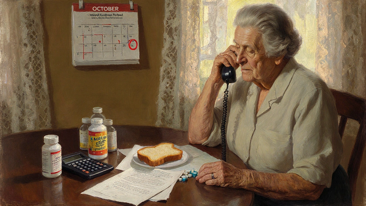A senior woman at her kitchen table looks worried beside pill bottles, calculator, and a Medicare letter in autumn sunlight.