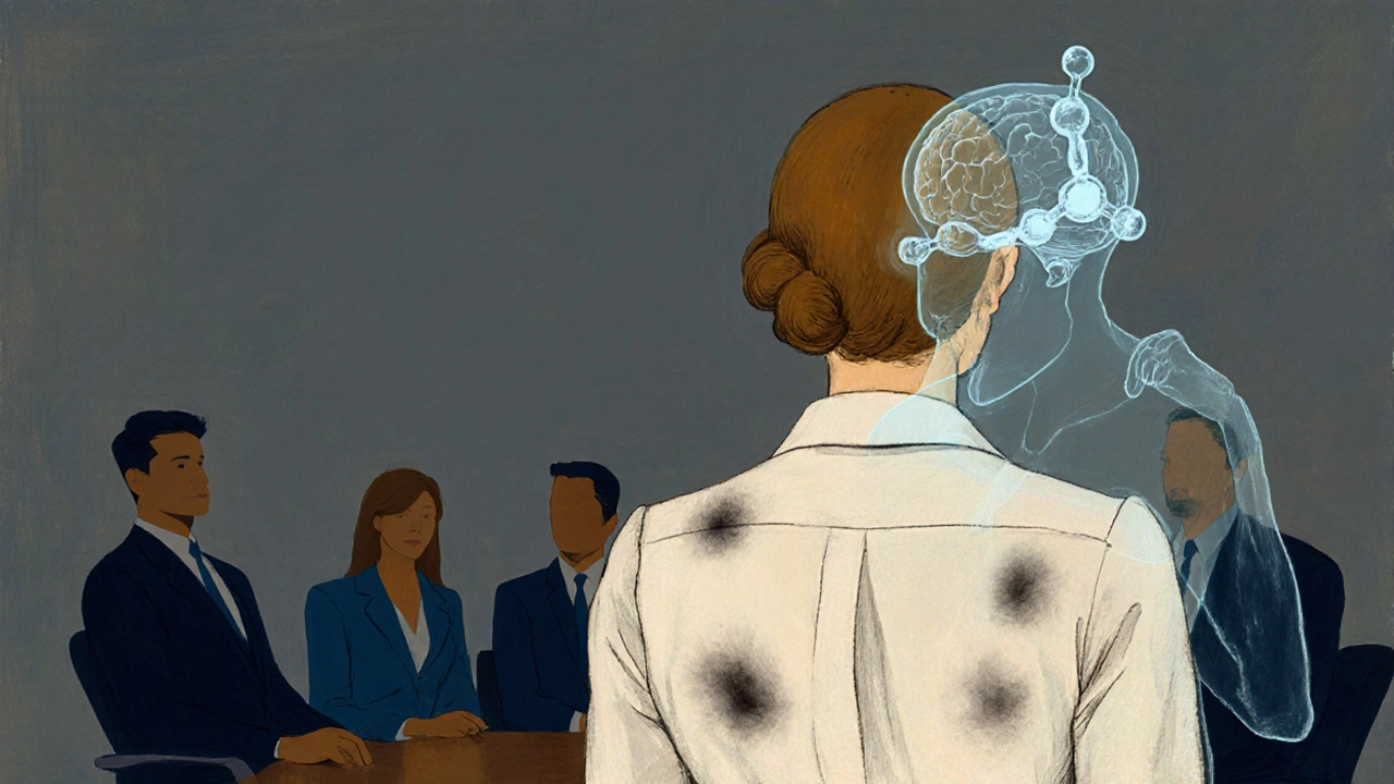 A woman in a business setting with visible sweat stains, a serotonin molecule floating above her shoulder.