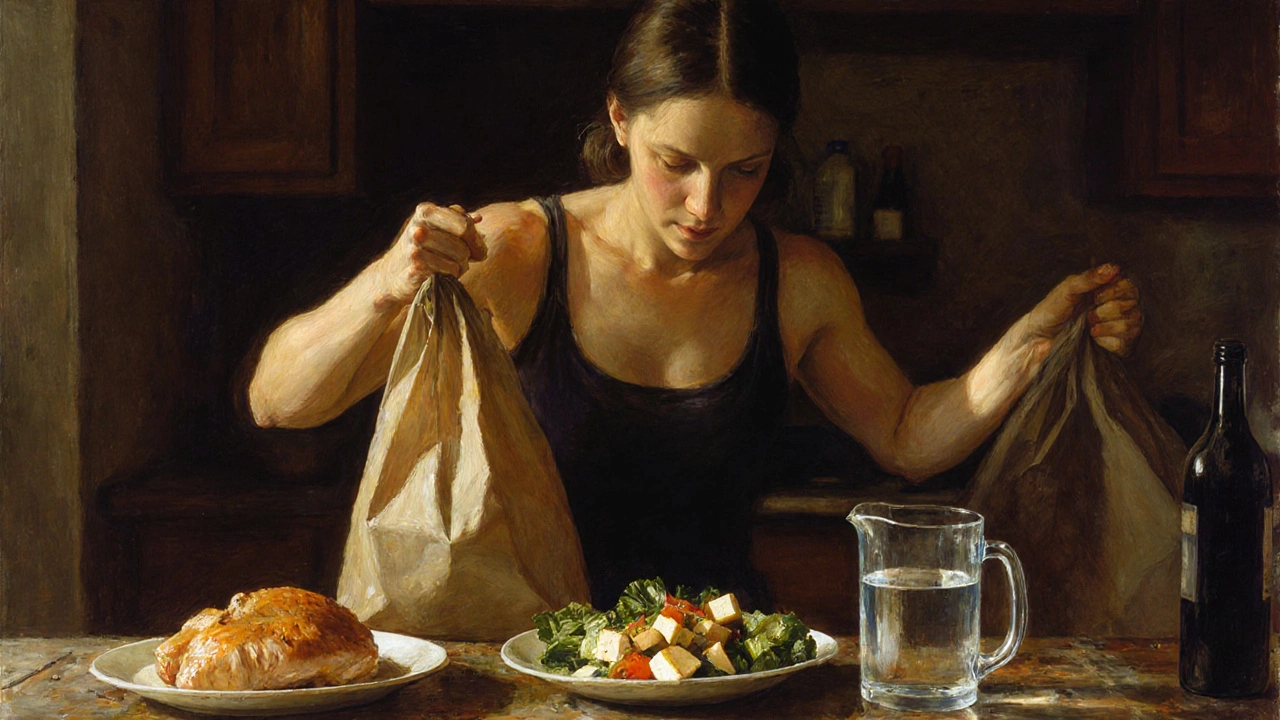 A woman lifting groceries in a kitchen, protein-rich meal visible on the counter.