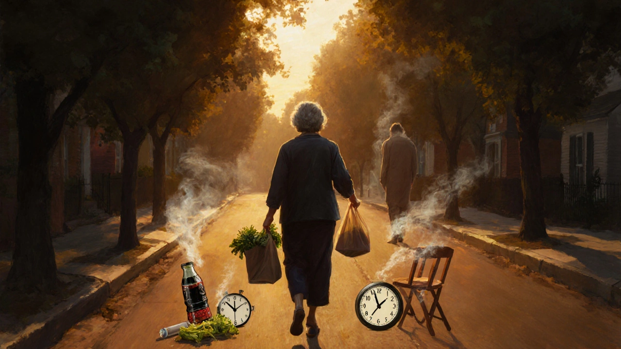 A woman walking at sunset, leaving behind unhealthy habits that fade into smoke.