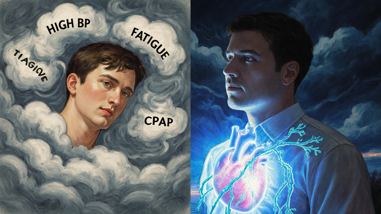 A young man transforms from stressed to healed, with stormy shadows giving way to glowing light as his heart recovers.