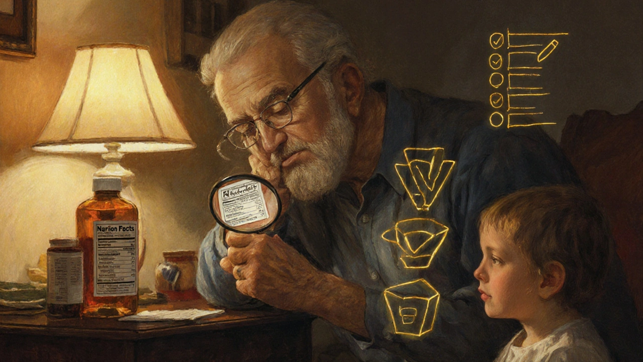 An elderly man reading a small drug label with a magnifying glass, lit by warm lamp light, while a child watches.