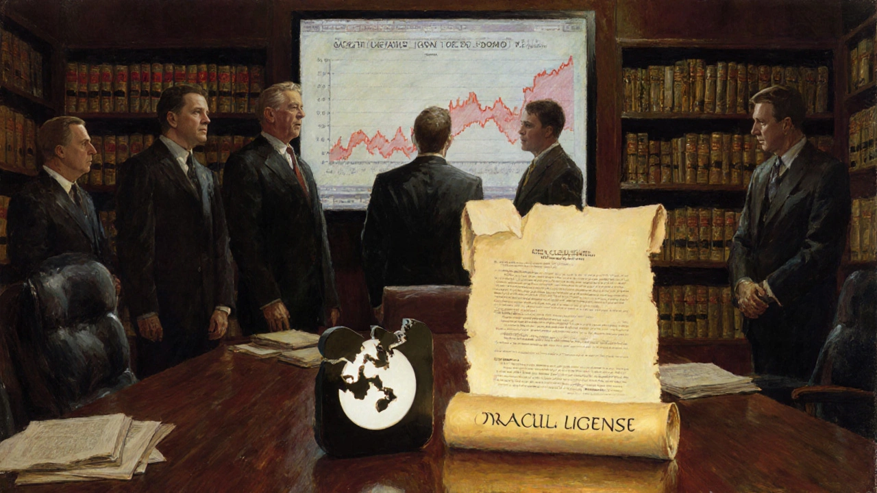 Corporate executives face a crashing stock graph as an open-source software icon glows on their desk.