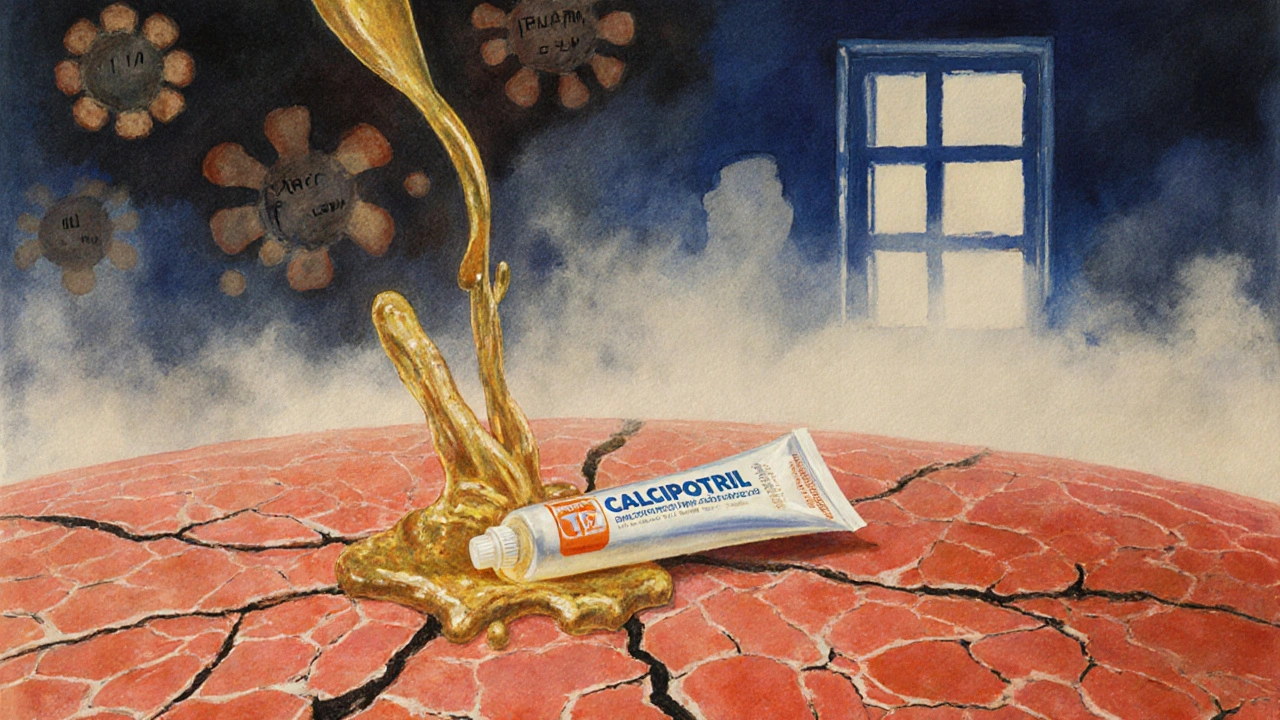 Cracked inflamed skin transforms into healthy skin as golden ointment flows over it, with fading inflammatory symbols.