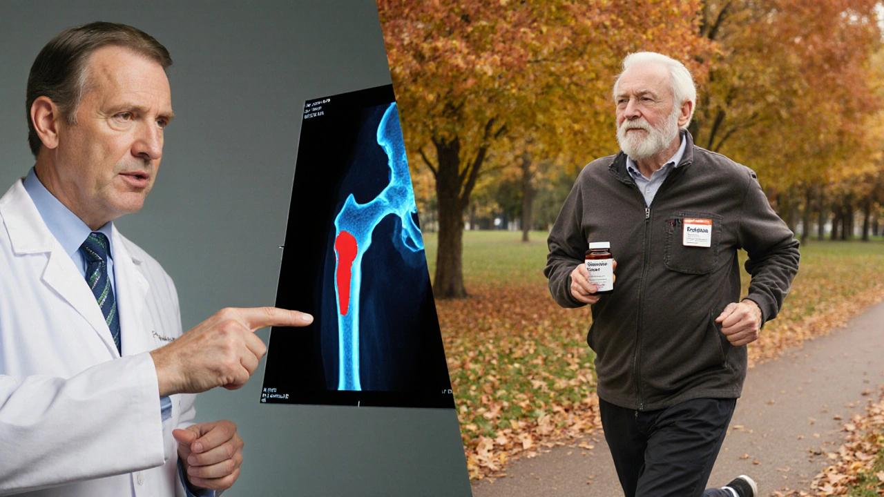 Doctor showing a bone scan to a patient, with one side depicting safe activity in a park.