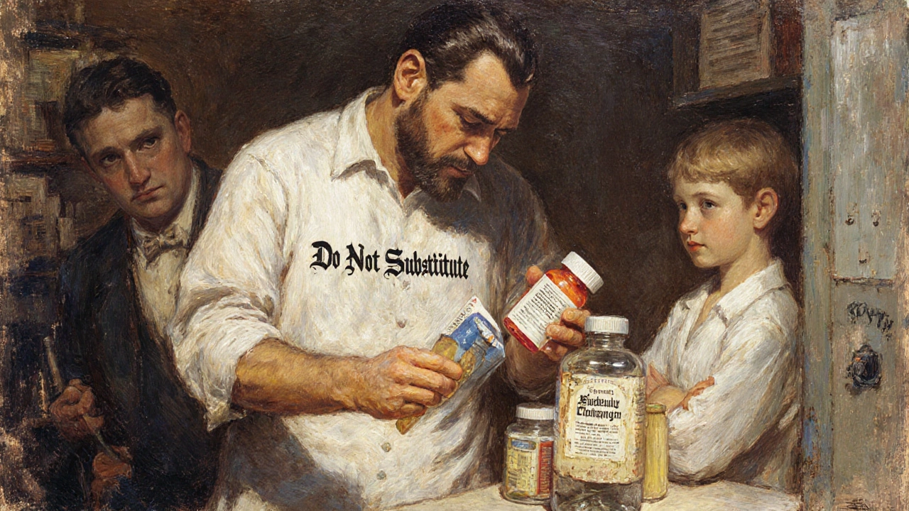 Father at pharmacy counter refusing generic substitution as child refuses to take new pill, dramatic lighting.