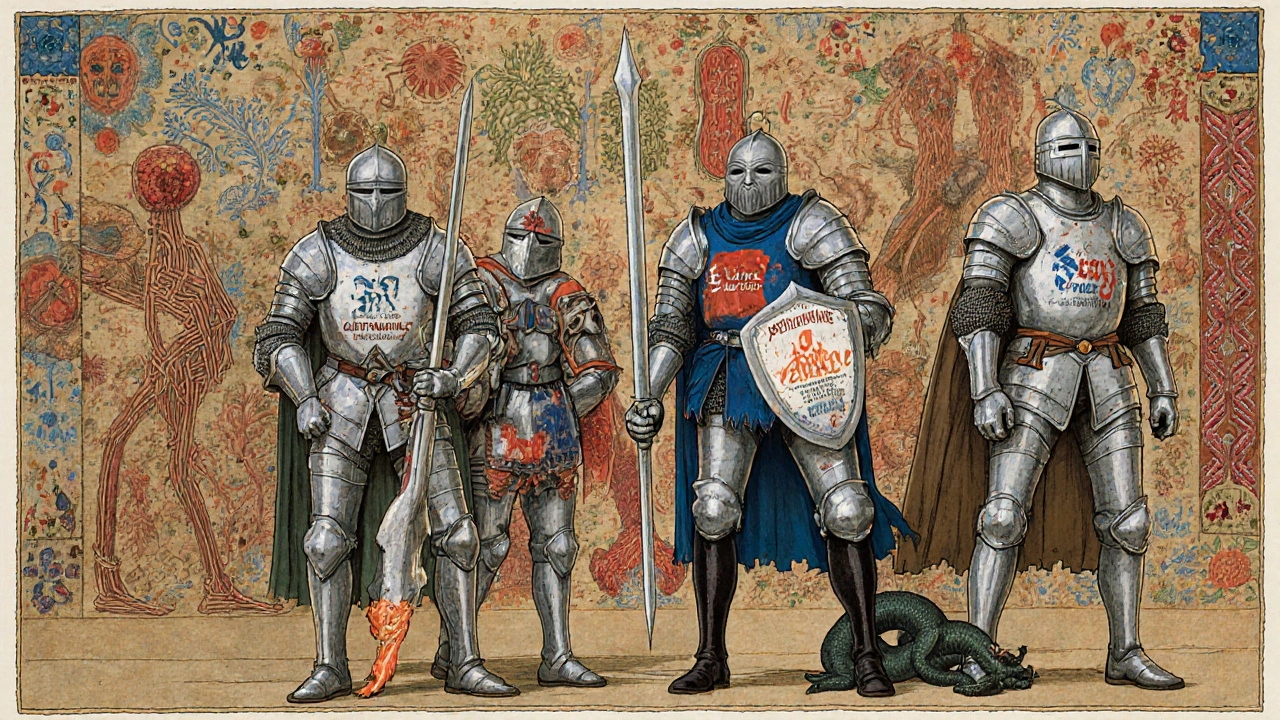 Five antibiotic knights battle bacterial threats in a medieval-style illustrated battlefield.