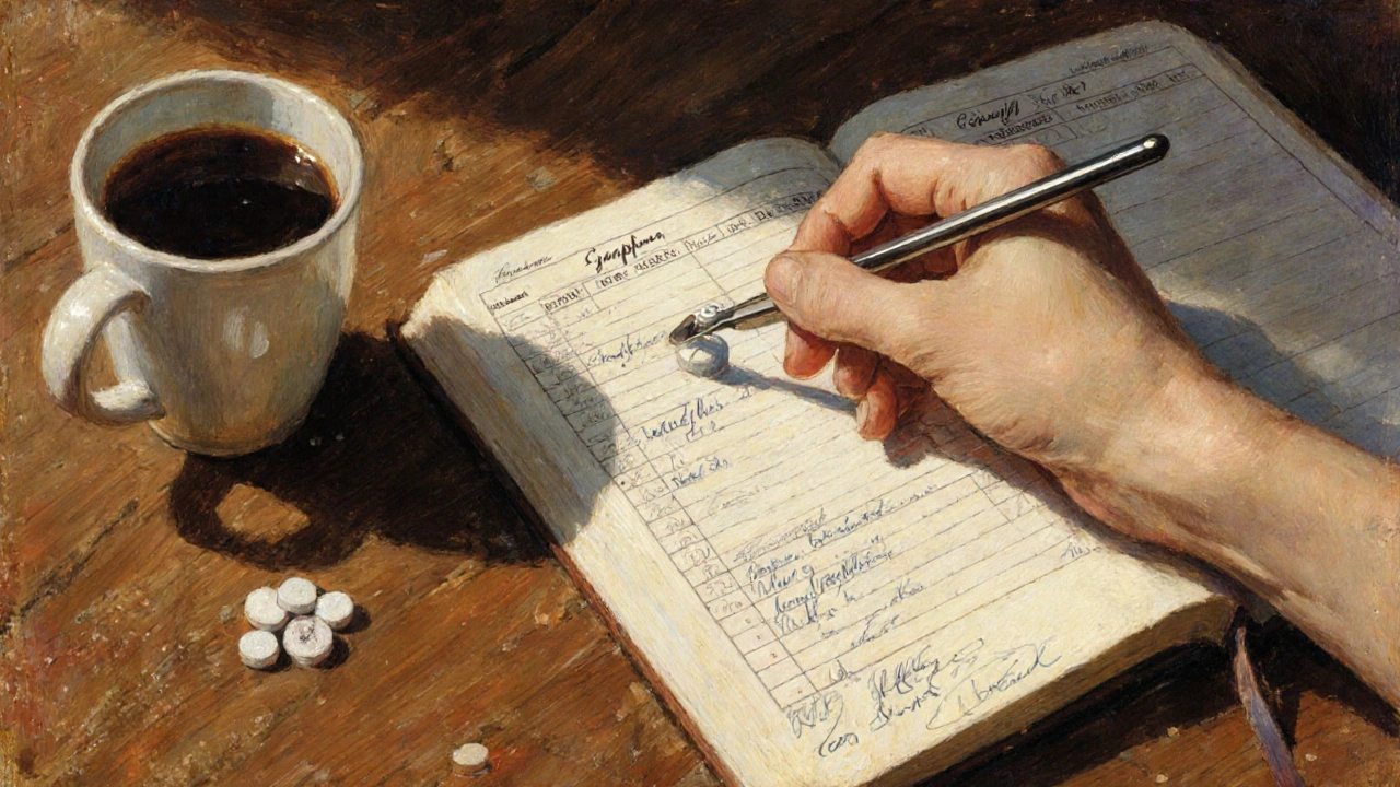 Hand splitting a pill beside a journal documenting symptoms and doses.