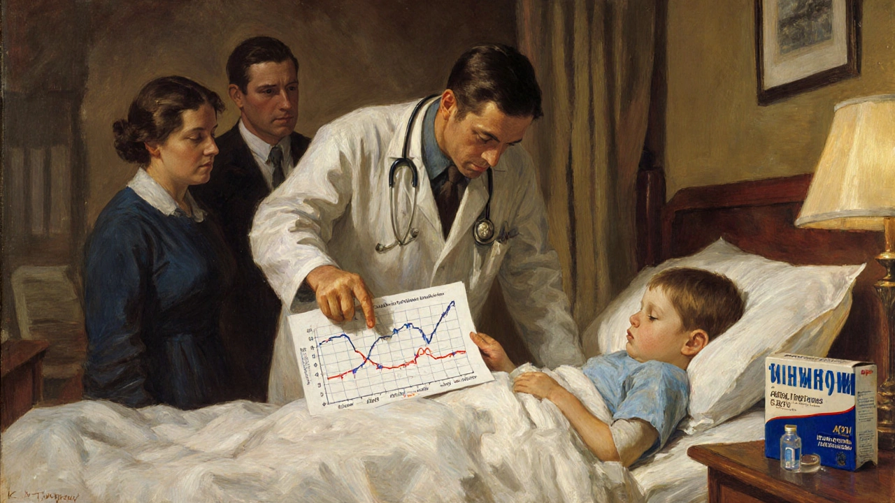 Pediatrician explaining blood level changes to anxious parents beside a hospital bed with generic and brand pills visible.