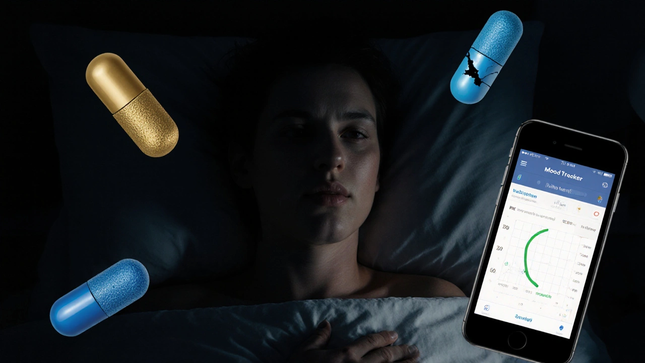 Person in bed surrounded by floating pill shapes, phone glowing with mood tracker.
