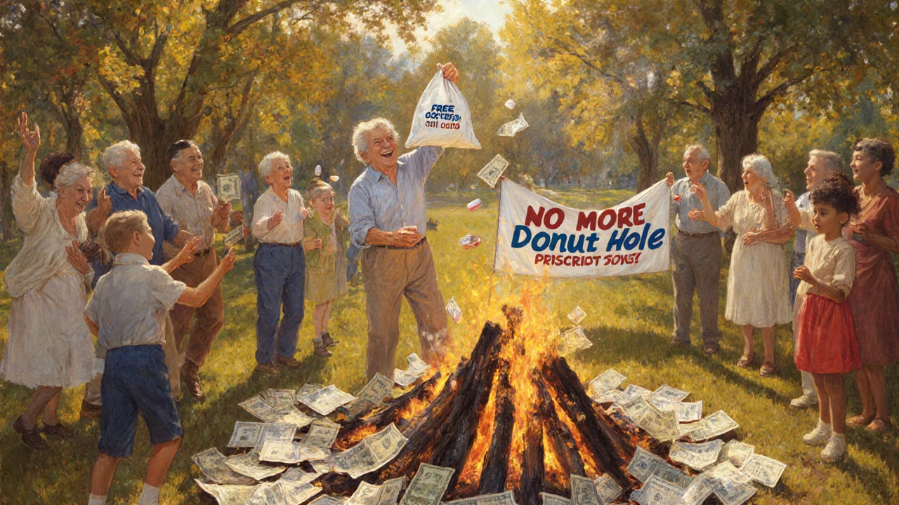 Seniors celebrate in a park in 2025 as they burn old prescription bills, smiling under golden autumn light.