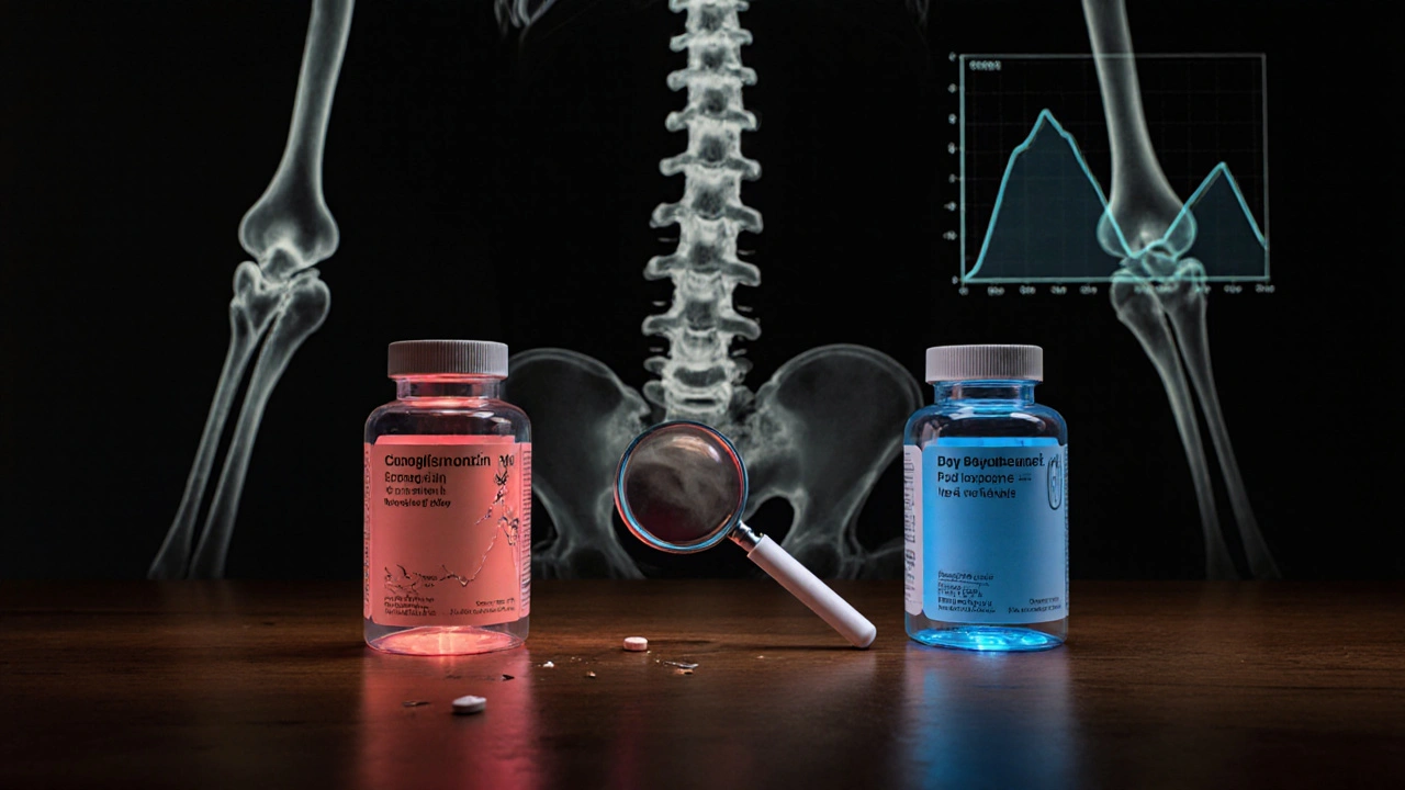 Three pill bottles on a table, one cracked and red, two blue, with a bone silhouette in the background.
