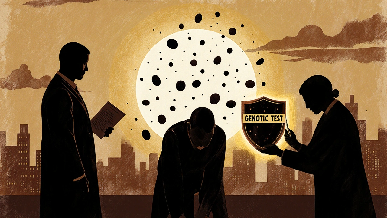 Three silhouetted patients represent outcomes of genetic testing, one protected by a shield, another collapsing, as sunlight rises over a hospital.