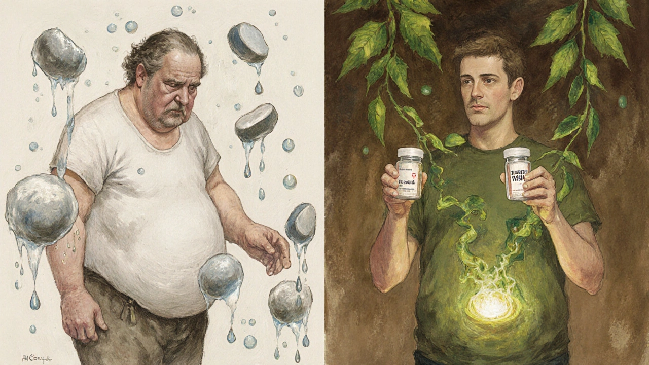 Two contrasting figures: one burdened by weight-gaining drugs, another energized by weight-loss medications.