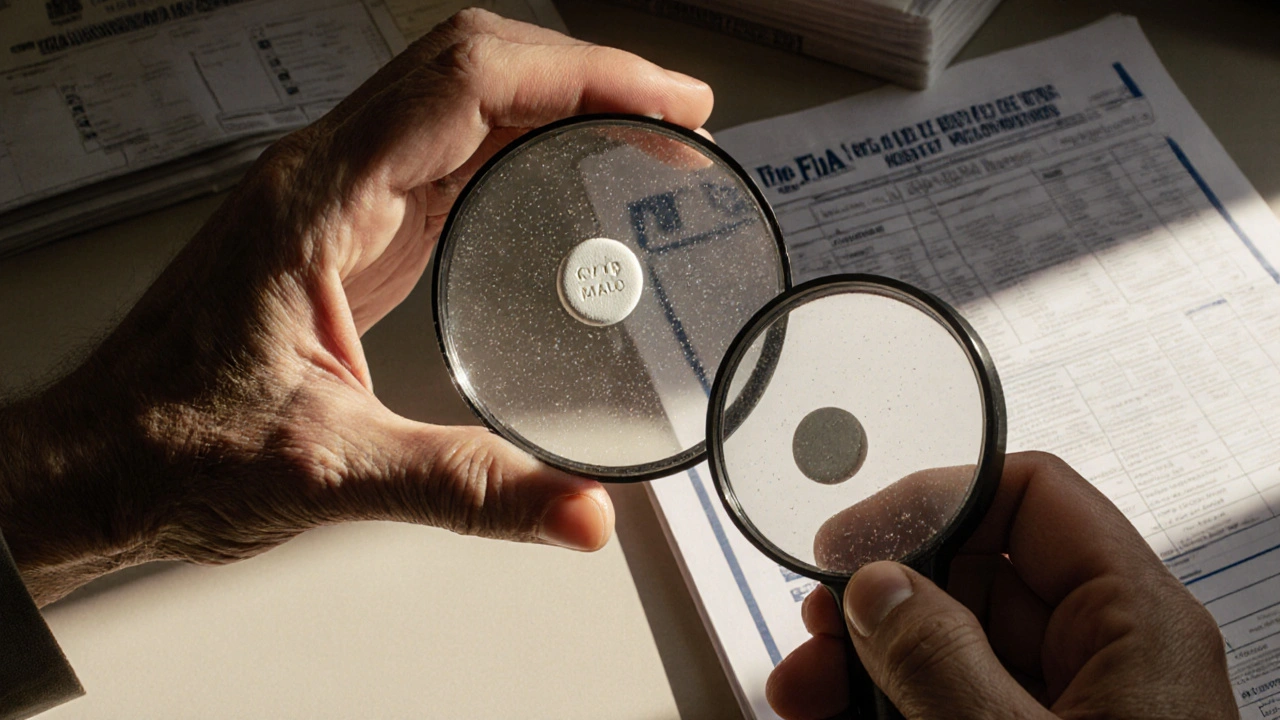 Two hands hold identical tablets side by side under a magnifying glass, highlighting their indistinguishable appearance.