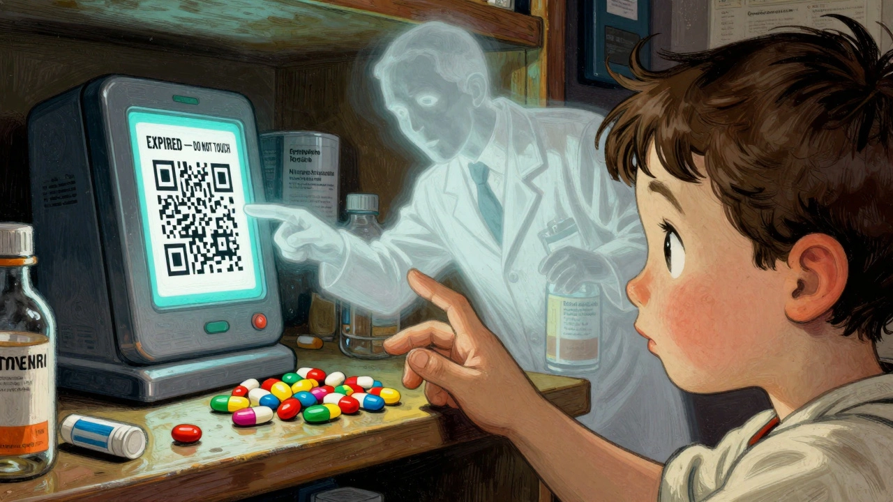 A child reaches for an unlabeled pill as a ghostly pharmacist warns of danger from an expired medicine cabinet.