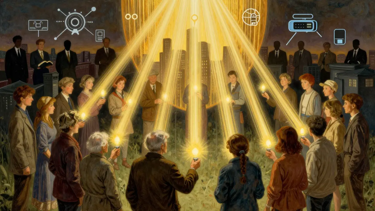 A diverse group of people hold glowing symbols of symptoms, their lights forming a protective shield over a city skyline.