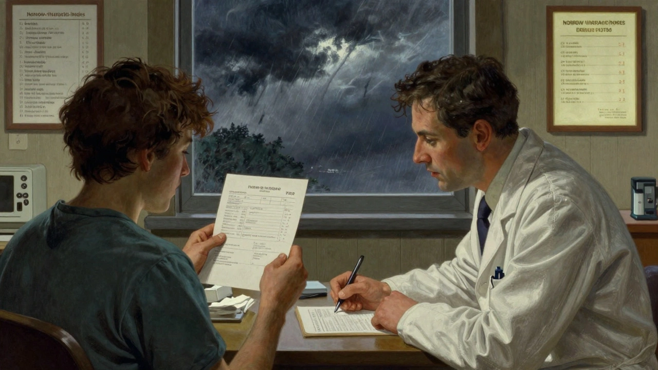 A doctor and patient reviewing a blood test result during an insurance appeal in a well-lit office.