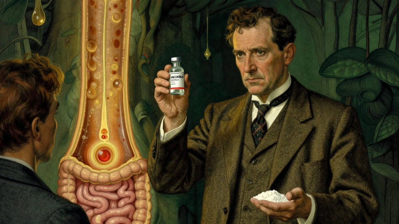 A doctor holding two treatments — maralixibat and cholestyramine — with a glowing bile duct pathway behind them.