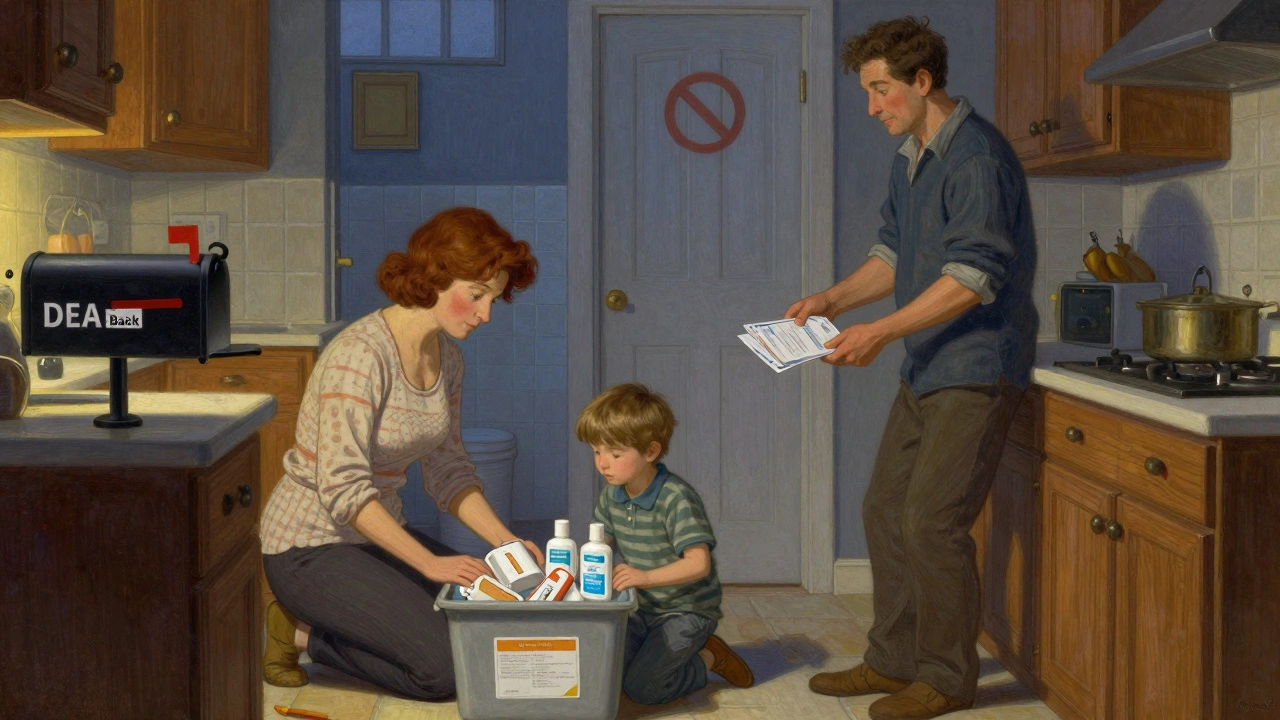 A family organizes safe first aid supplies in a kitchen, with medication disposal envelopes ready to mail.