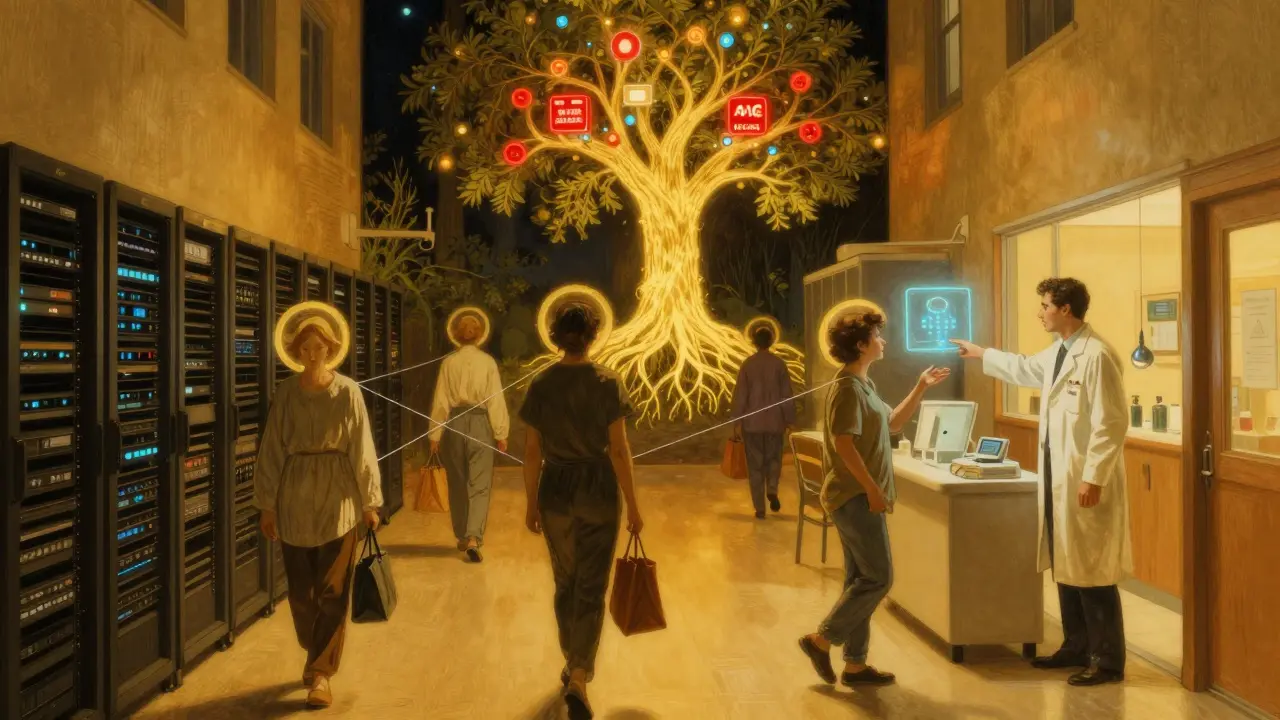 A hospital corridor with patients connected by threads to a glowing data tree, one branch flashing a red alert.