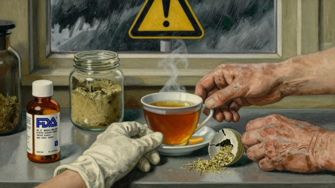 A kitchen counter with prescription drugs and unlabeled herbs, hands reaching for the same tea.