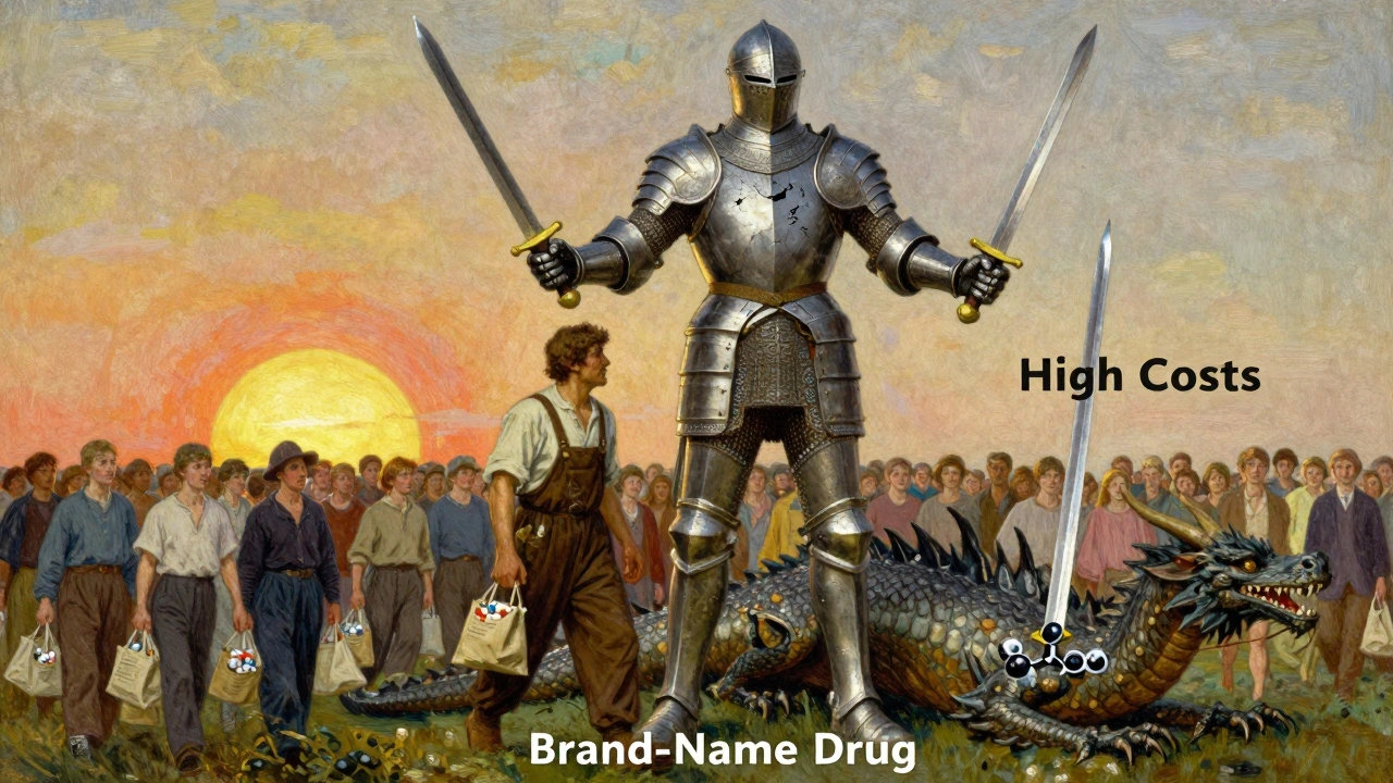 A knight and farmer standing side by side, defeating a dragon of high drug costs with identical medicine swords.