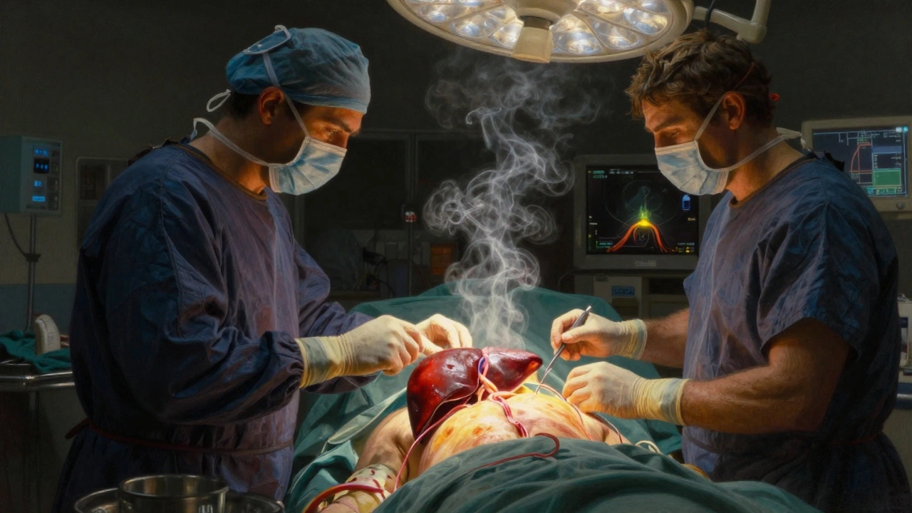 A liver transplant at dawn, with a healthy liver emerging as bile acids fade, and a stent glowing faintly in the background.