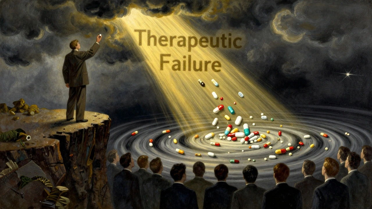A lone figure holds a brand-name pill above a storm of generic pills, with light breaking through clouds.