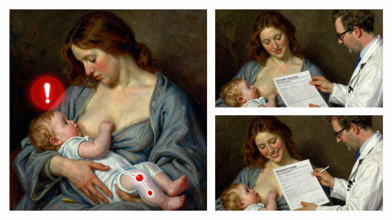 A mother breastfeeding as genetic metabolism risks appear, then resolve with safer medication.