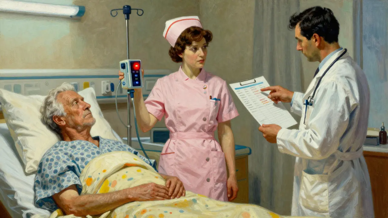 A nurse confronts an alarm on an IV pump beside an elderly patient in a hospital room.