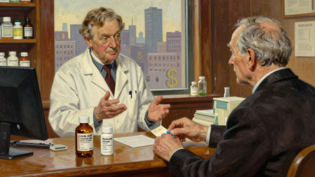 A pharmacist and patient at a pharmacy counter, comparing brand-name and generic medication bottles.