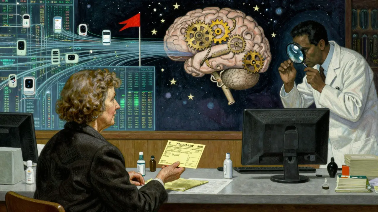 A pharmacist gives a reporting form to an elderly woman, while data streams and a giant analytical brain glow behind them.