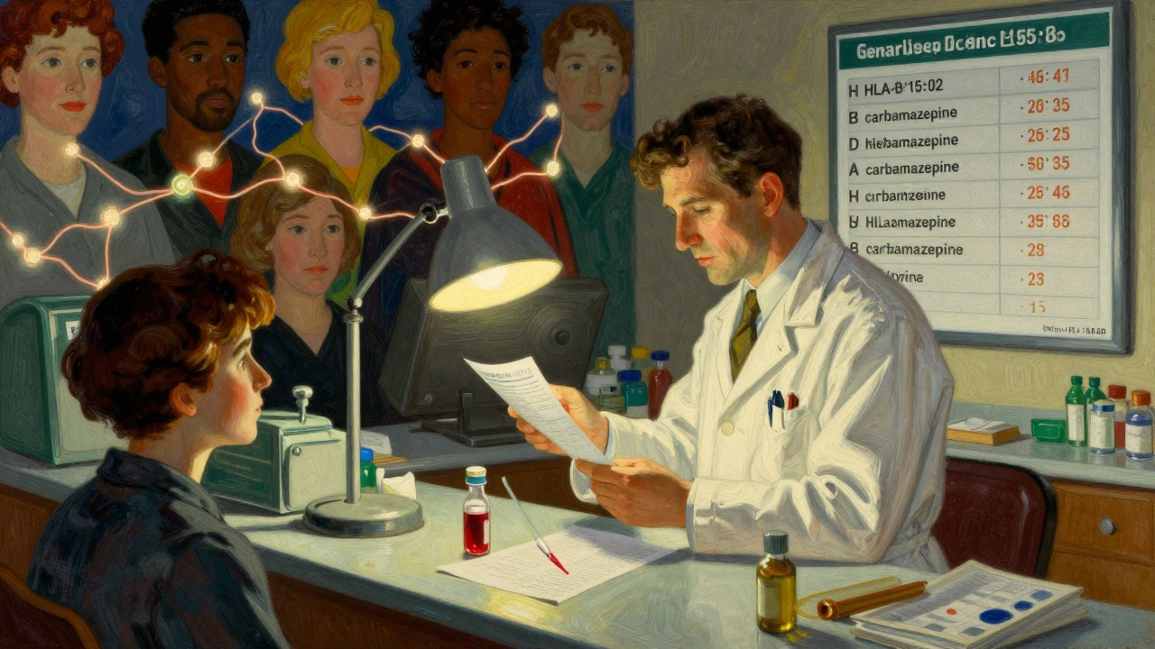 A pharmacist reviewing genetic test results in a hospital pharmacy with gene-drug pairings displayed.