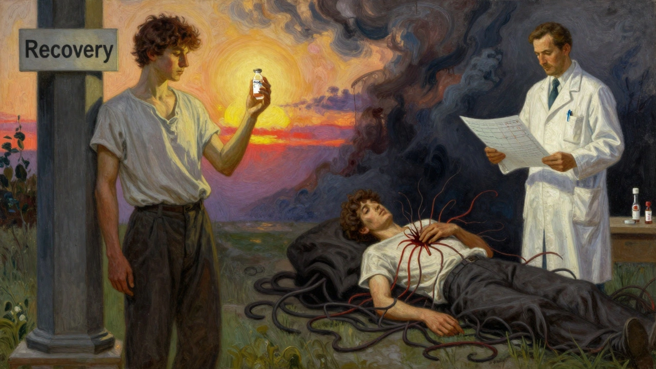 A split image: one side shows a patient strong beside recovery, the other collapsing as arrhythmia tendrils emerge.