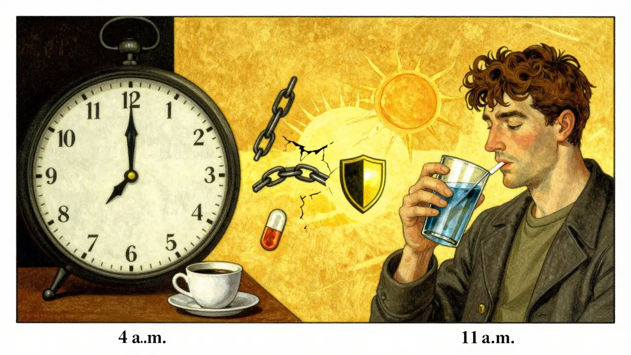 A timeline illustration showing medication and fiber separated by four hours with symbolic golden light between them.