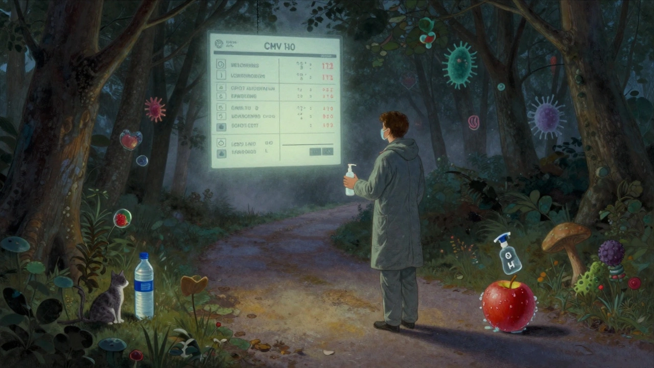 A transplant recipient on a trail at dawn, with medical data floating nearby and germs fading into mist.