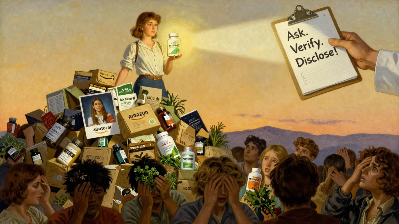 A woman holding a verified supplement atop a pile of false natural product labels.