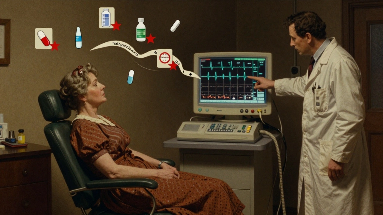 A woman in a clinic with an ECG waveform stretching into the air, surrounded by warning icons of dangerous drugs.