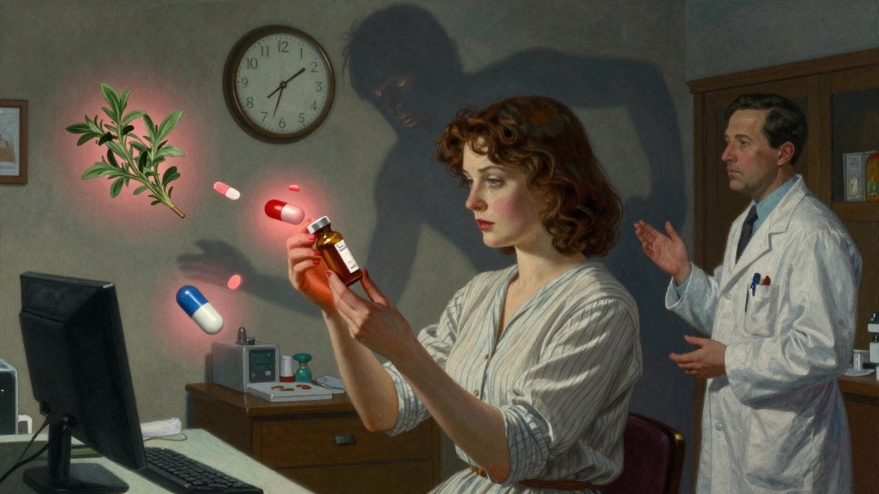 A woman in a doctor’s office with floating symbols of medications interfering with her birth control pill.