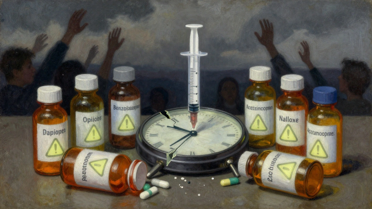Broken clock surrounded by dangerous drug bottles with a naloxone syringe as a beacon of hope.