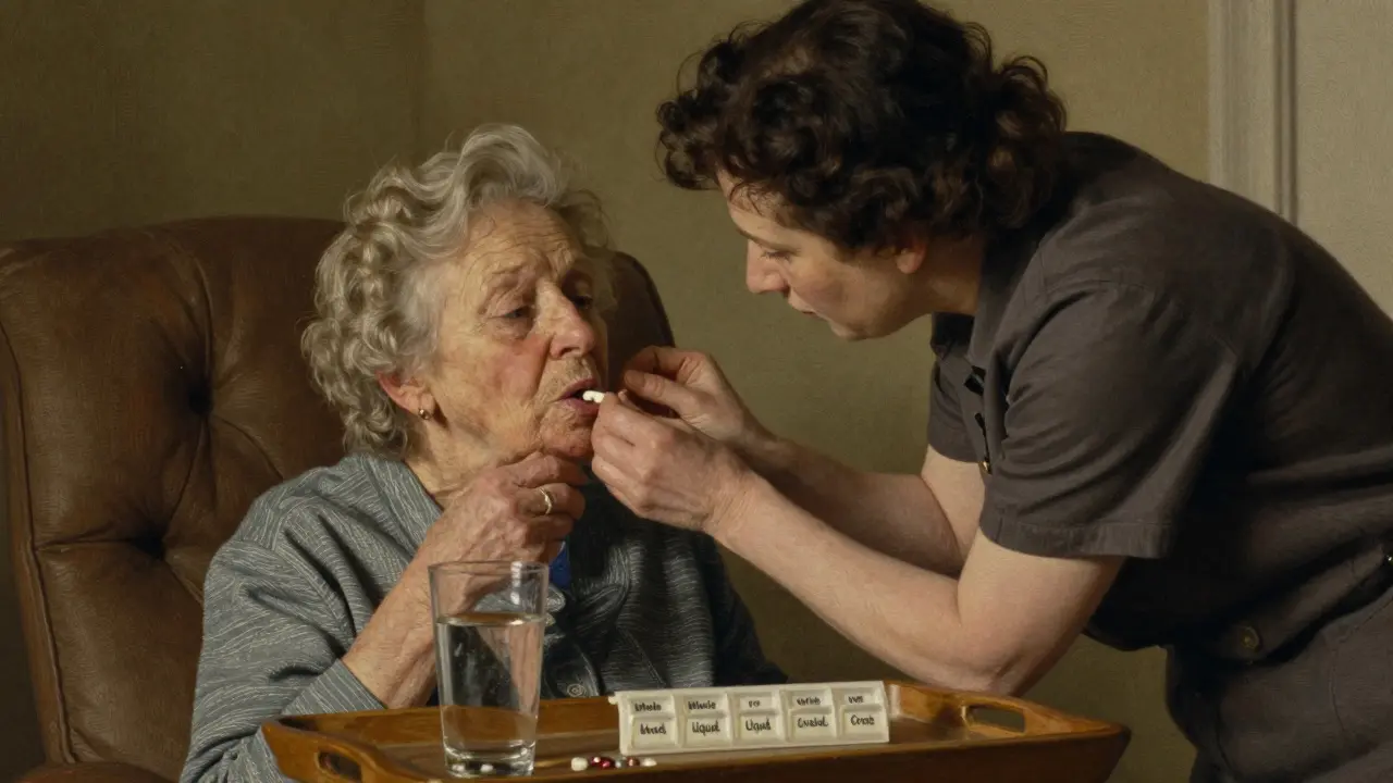 Caregiver helping an elderly woman use the Lean Forward Method to swallow a pill.